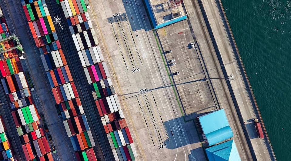 A sea port form above with colourful freight containers